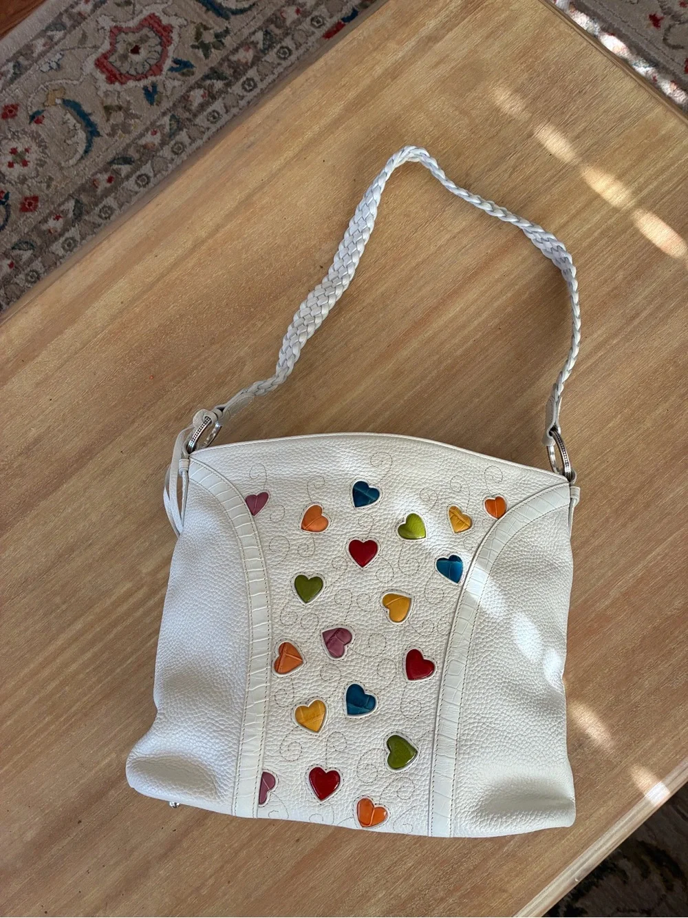 Brighton White Leather Shoulder Bag with Multicolor Heart Accents
